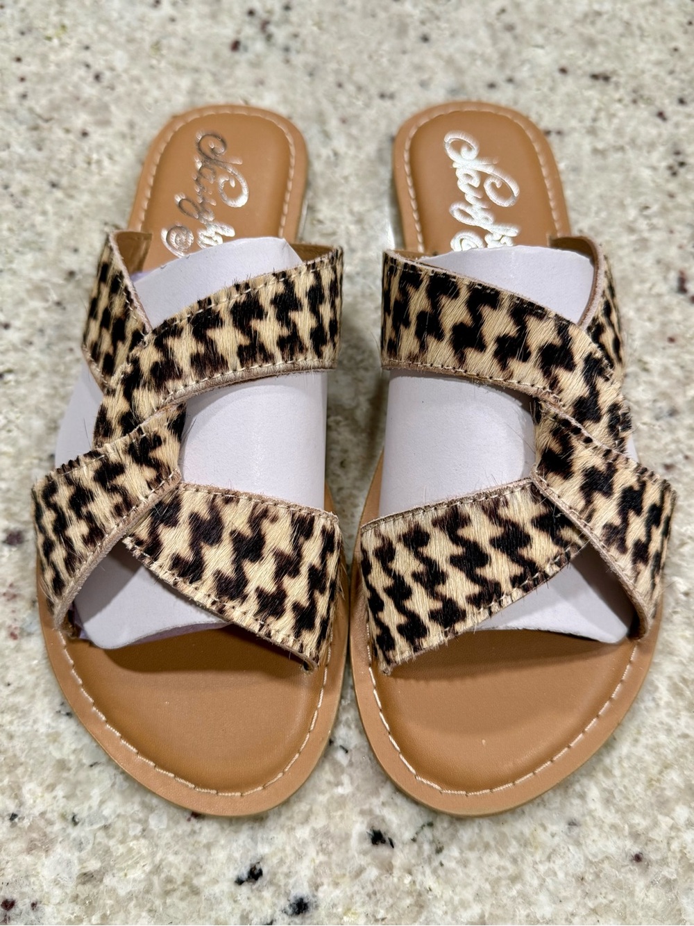Naughty Monkey Genuine Hair-On Hide Houndstooth Slide Sandals “NEW”